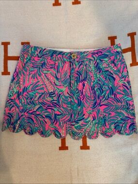 Lilly Pulitzer Pink & Green Palm-Print Scallop Hem Skort, NWOT